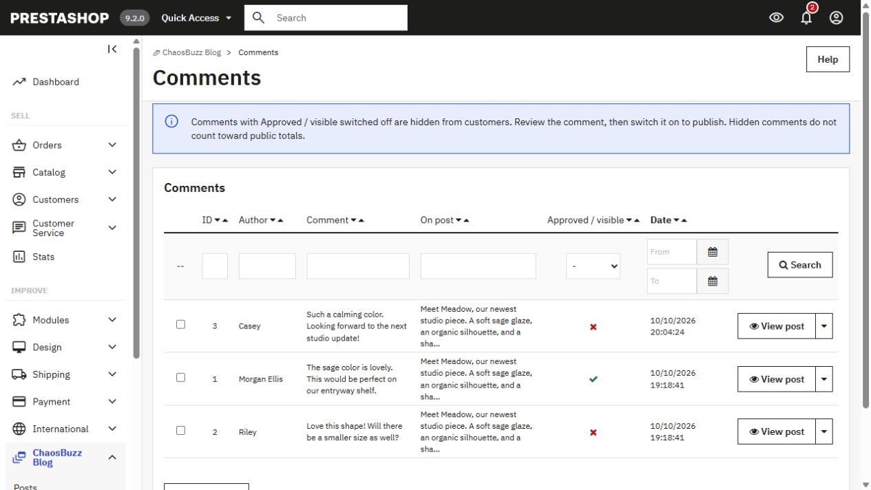 ChaosBuzz comment moderation in the PrestaShop back office