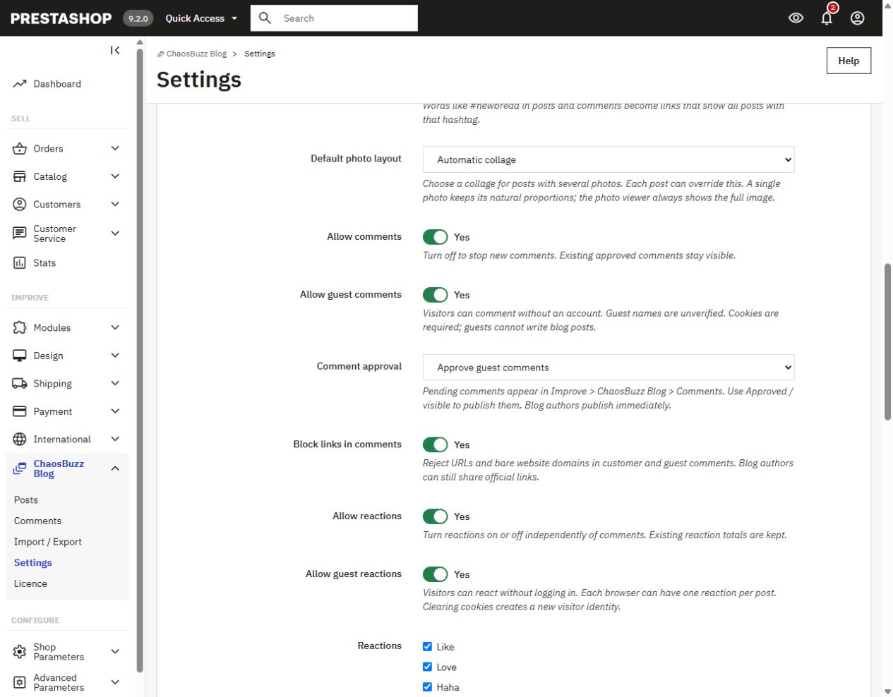 ChaosBuzz settings in the PrestaShop back office